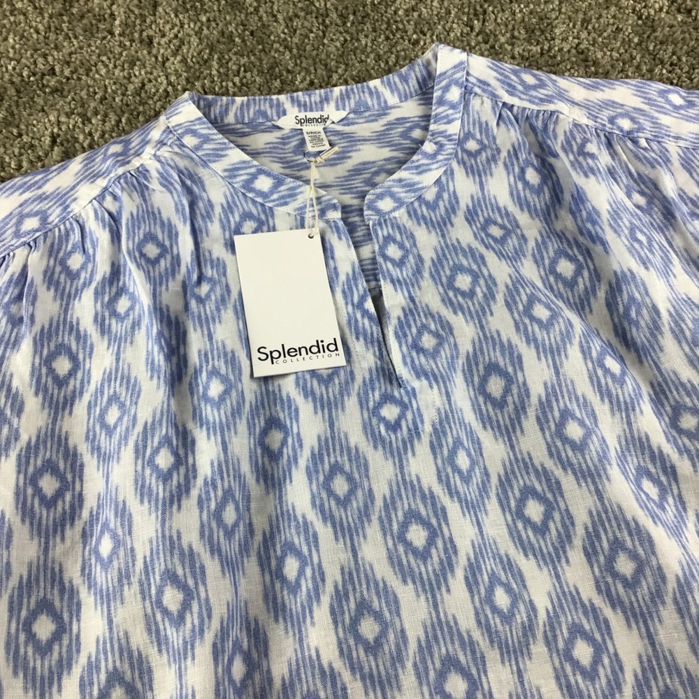 Splendid Womens St Tropez Blue White Ikat‎ Print Linen Blouse Top Size S NWT